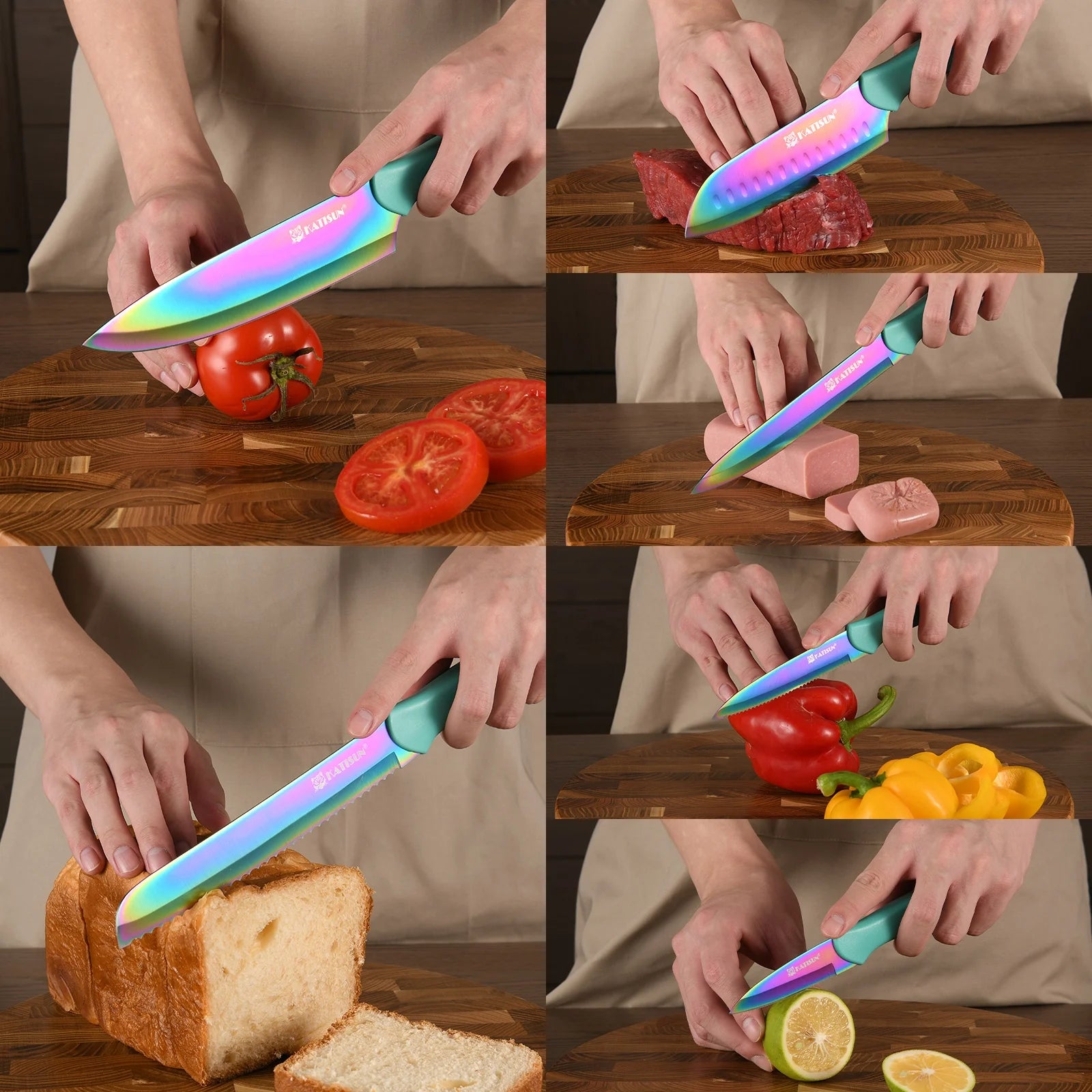 13 Piece Titanium Coating Stainless Steel Knives Set, Anti-Rust and Dishwasher Safe, 6 Knives, 6 Blade Covers, and One Shear