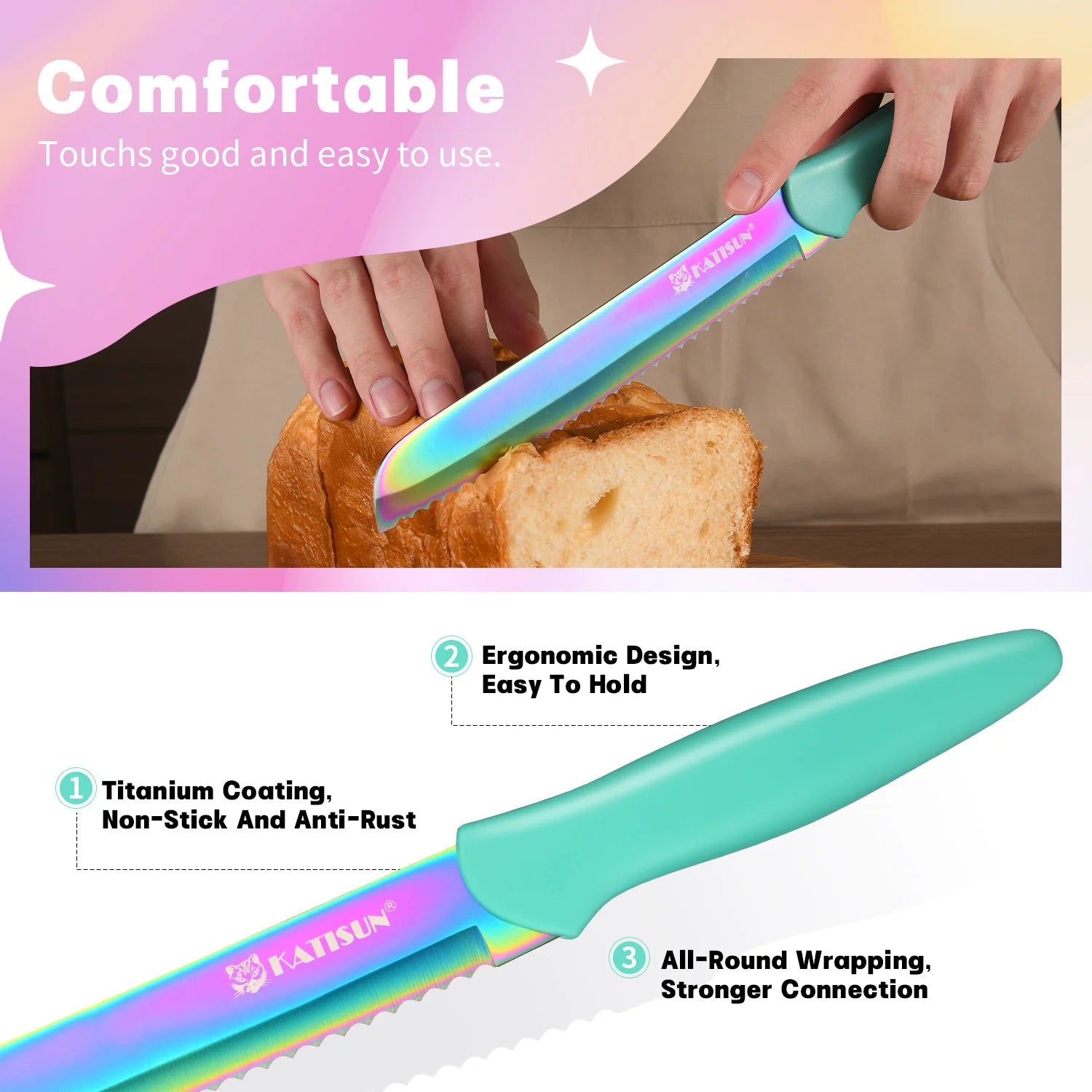 13 Piece Titanium Coating Stainless Steel Knives Set, Anti-Rust and Dishwasher Safe, 6 Knives, 6 Blade Covers, and One Shear