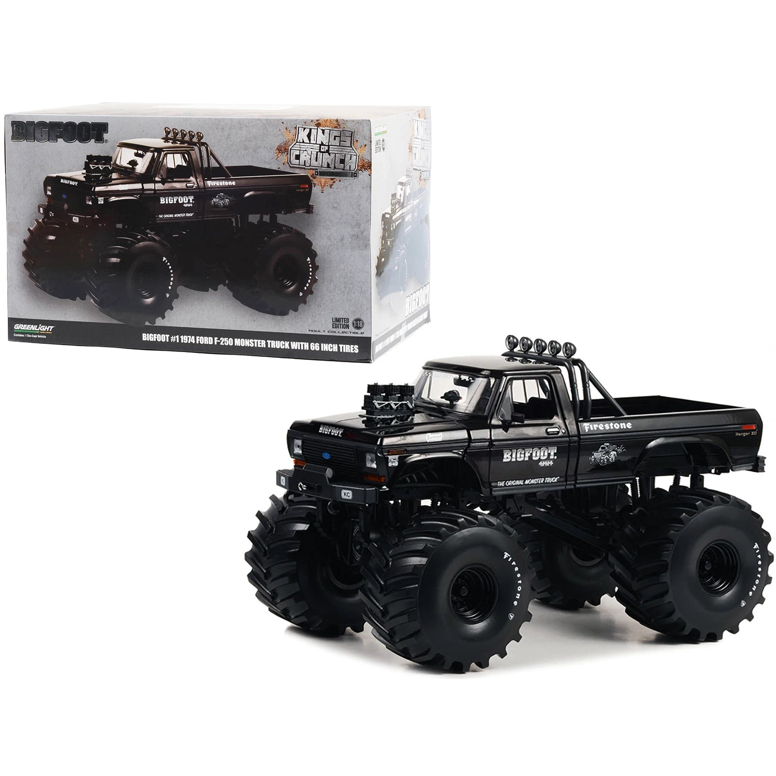 1974 Ford F-250 DCD Monster Truck 66-Inch Tires Black Bandit Edition 1/18 Diecast RC Parts Accs 'Bigfoot #1' 'Kings Crunch'