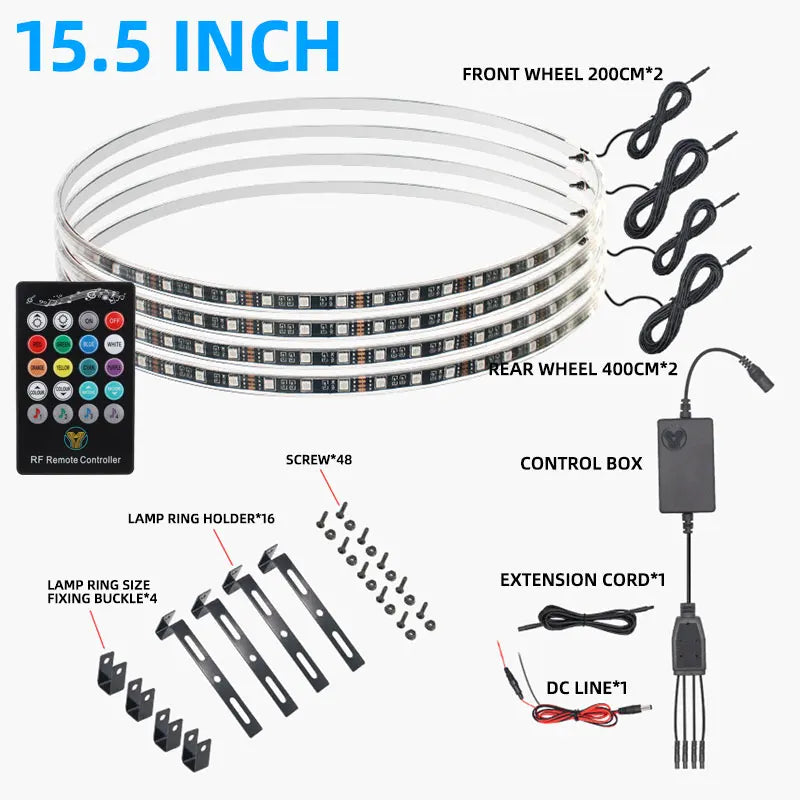 15.5 Inch Single Face Car Wheels Led Lights Super Bright 7-color App+Remote Control Car Led Strip Light for Cars Lighting System