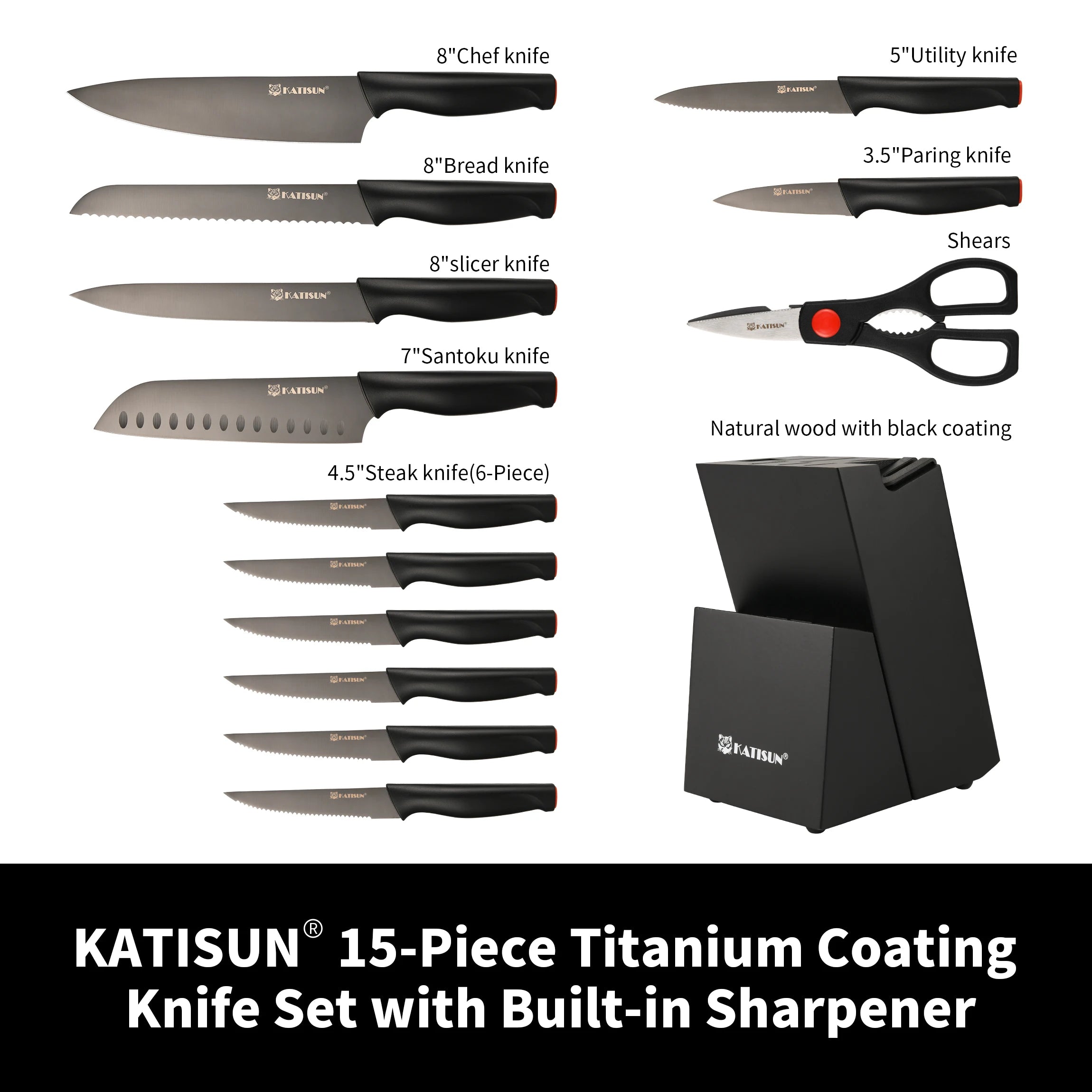 15-Piece High Carbon Stainless Steel Knife Set Imported Germany Beveled Mercerized Blade Black Titanium Knives Non-Slip