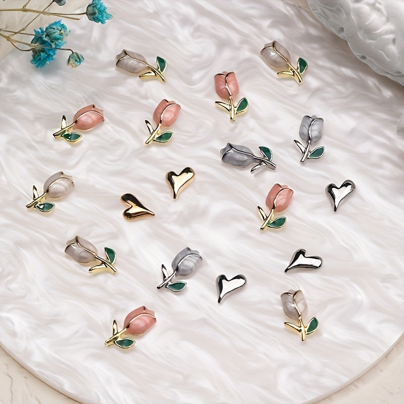 10Pcs 3D Tulip & Heart Nail Charms - Scent-Free, Diy Manicure Accessories For Hands, Feet & Nails