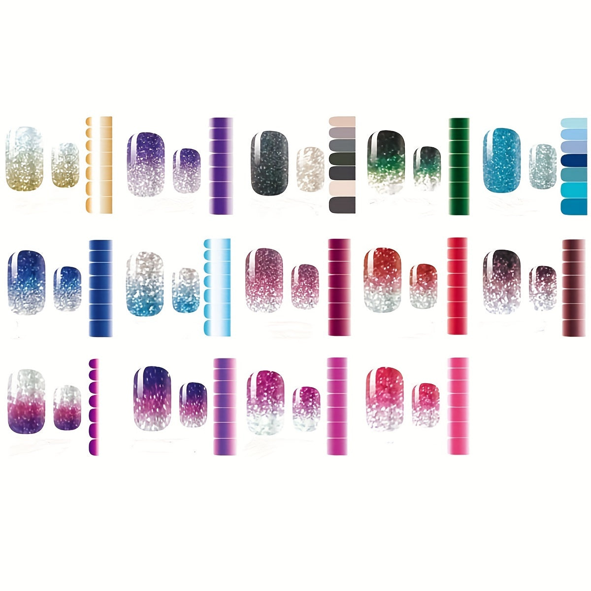 14 Sheets Gradient Glitter Nail Stickers Set Gradient Color Shine Full Wraps Polish Stickers Decal Strips Self-Ashesive Nail Art Sets For Women Girls