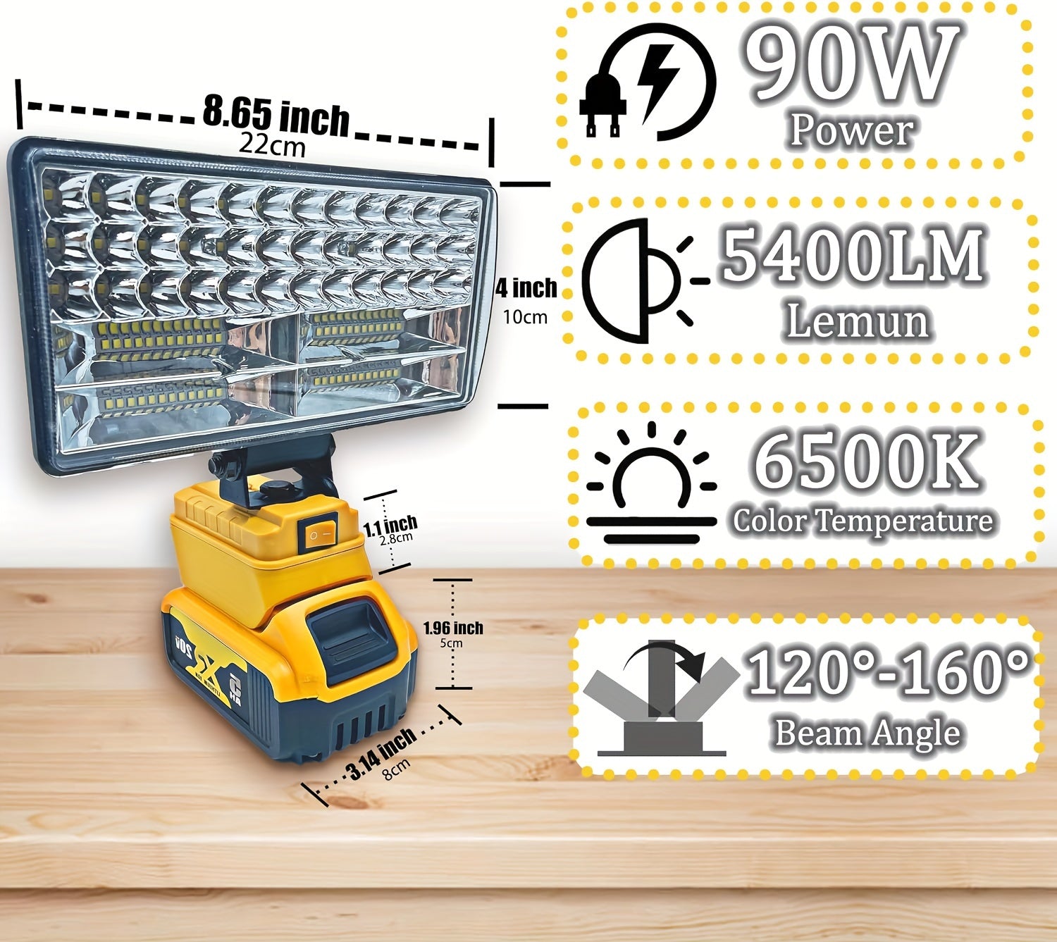 1pc Cordless LED Work Light, For DeWALT 20V Battery, 48W 3800 Lumens/60W 4500 Lumens/90W 5400 Lumens LED Floodlight, With 2 USB Charging Ports, Battery Light For Outdoor, Camping, Car Repairing, Emergency And Job Site Lightin