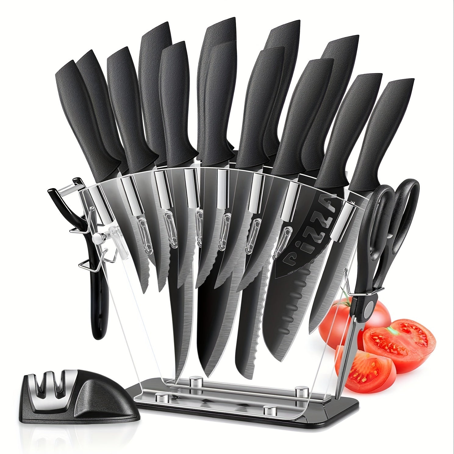 17pcs German Stainless Steel Kitchen Knife Set with Acrylic Holder - Includes Chef, Paring, Utility Knives, Scissors, Sharpener - Nonstick, Scratch-Resistant, Black Handles, Knife Organization|Modern Kitchenware|Black Handle