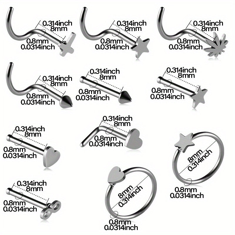 11PCS 316L Stainless Steel Nose Ring Set: Simple Style Nose Nail Body Piercing Jewelry with Star, Love Heart, and More Shapes
