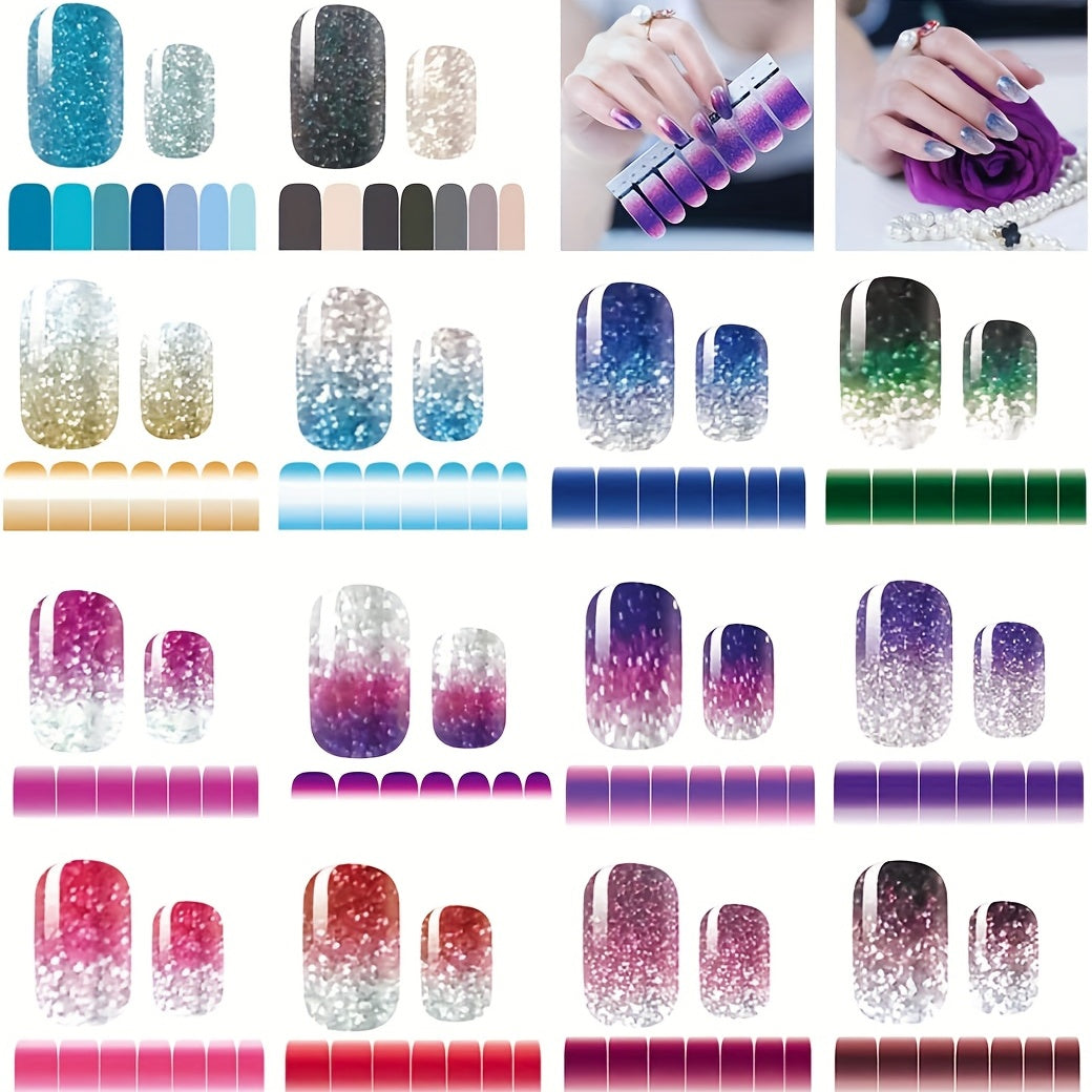 14 Sheets Gradient Glitter Nail Stickers Set Gradient Color Shine Full Wraps Polish Stickers Decal Strips Self-Ashesive Nail Art Sets For Women Girls
