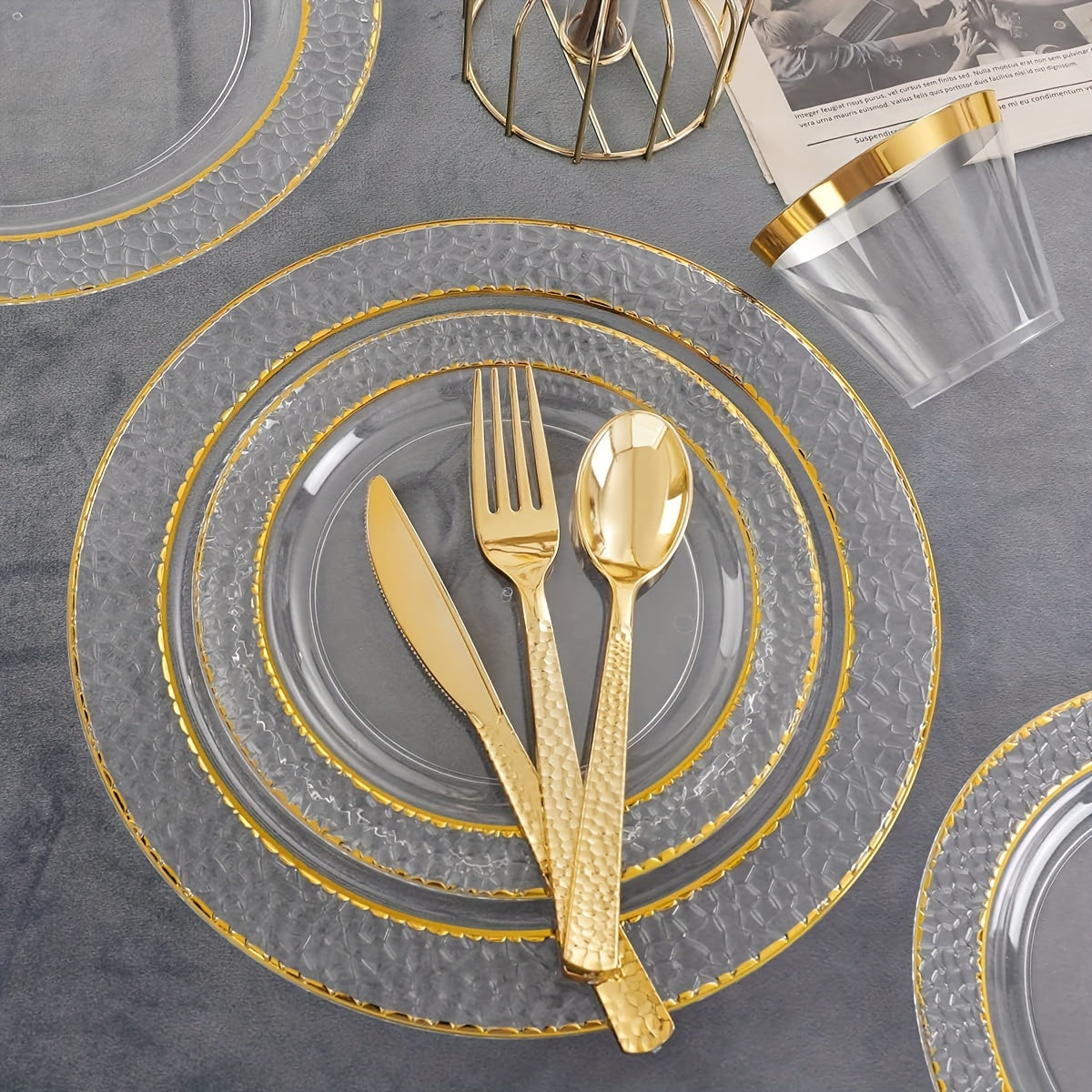 150pcs Transparent Golden Plastic Plates - Disposable Golden Rim Plates including 25 Dinner Plates, 25 Dessert Plates, 25 Forks, 25 Knives, 25 Spoons, 25 Cups, Suitable for Weddings and Parties