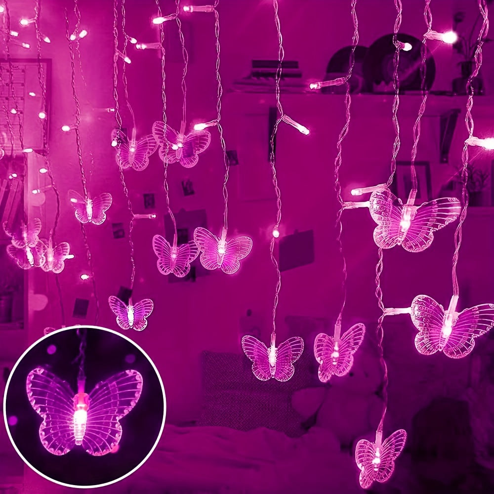 16-Butterfly LED Curtain Lights - 96 Bulbs, 18FT USB, 8 Dreamy Modes, Remote Control - Romantic Purple Bedroom & Party Decor