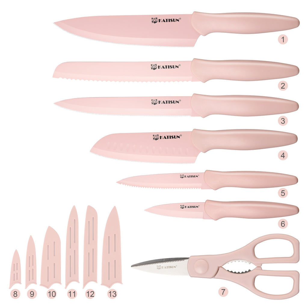 13 Piece Non-stick Coating Stainless Steel Boxed Knives Set, Anti-Rust and Dishwasher Safe, 6 Knives with 6 Blade Covers and one Kitchen Shear
