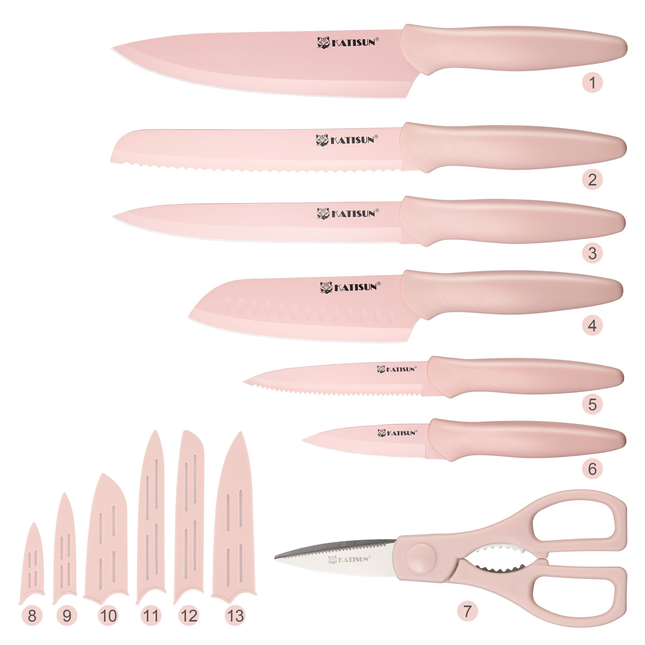 13 Piece Non-stick Coating Stainless Steel Boxed Knives Set, Anti-Rust and Dishwasher Safe, 6 Knives with 6 Blade Covers and one Kitchen Shear