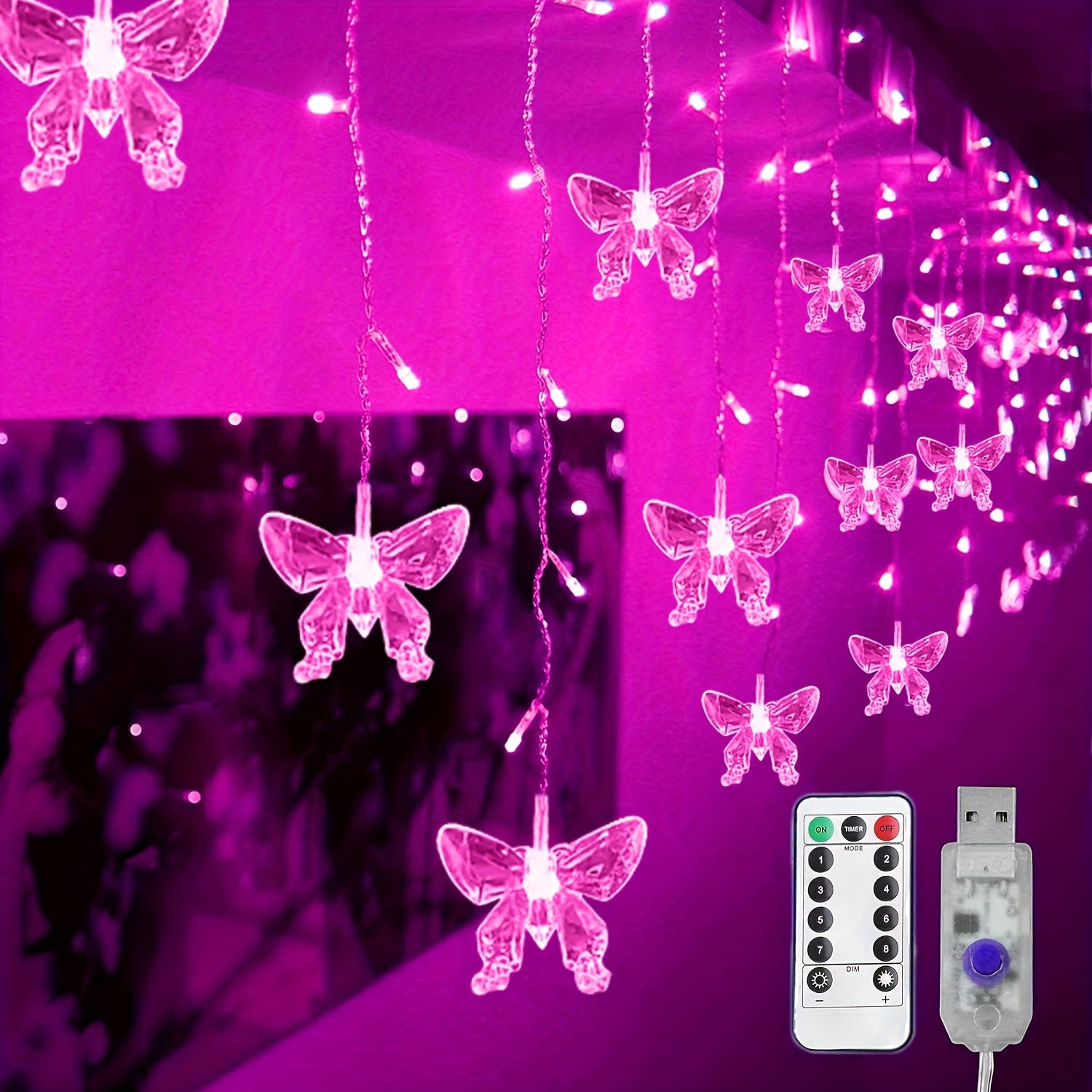 16-Butterfly LED Curtain Lights - 96 Bulbs, 18FT USB, 8 Dreamy Modes, Remote Control - Romantic Purple Bedroom & Party Decor
