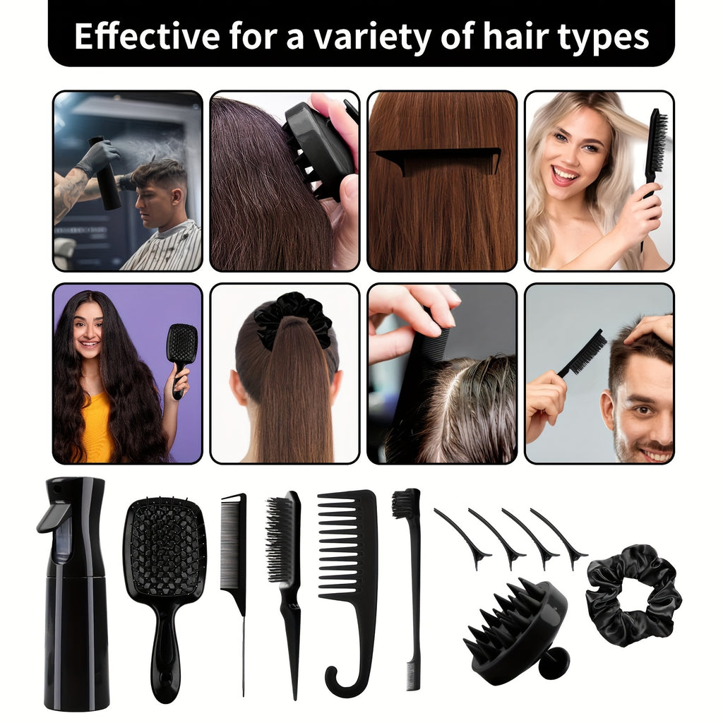 12-Piece Hair Styling Tool Set | Unisex Adult | Curl Enhancing, Normal Hair | Unscented - Includes Detangler Brush, Spray Bottle, Scalp Massager, Wide Tooth Comb, Bristle Brush & Accessories for Wet/Dry Hair