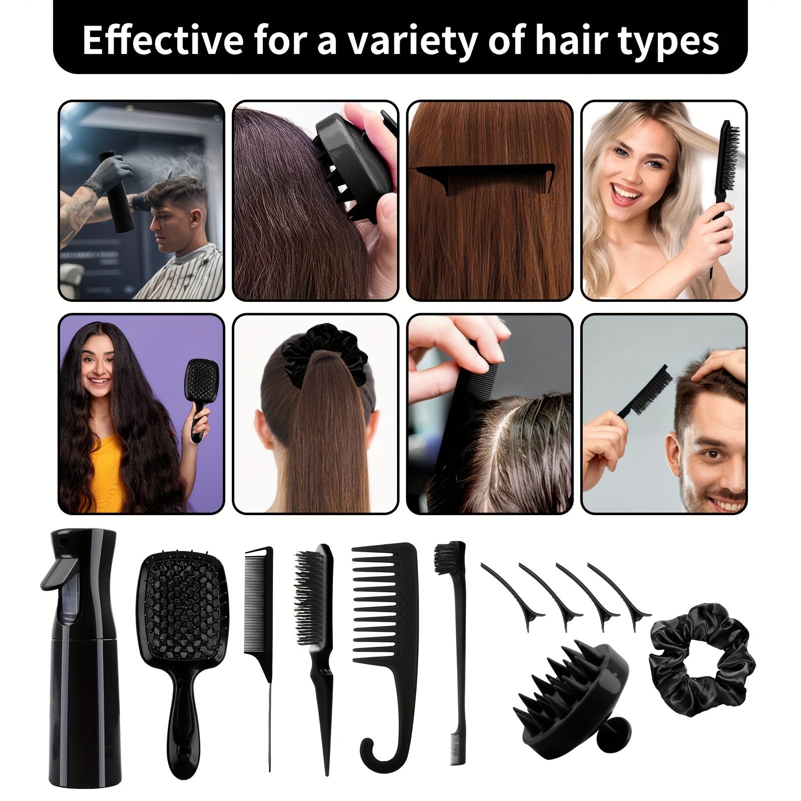12-Piece Hair Styling Tool Set | Unisex Adult | Curl Enhancing, Normal Hair | Unscented - Includes Detangler Brush, Spray Bottle, Scalp Massager, Wide Tooth Comb, Bristle Brush & Accessories for Wet/Dry Hair