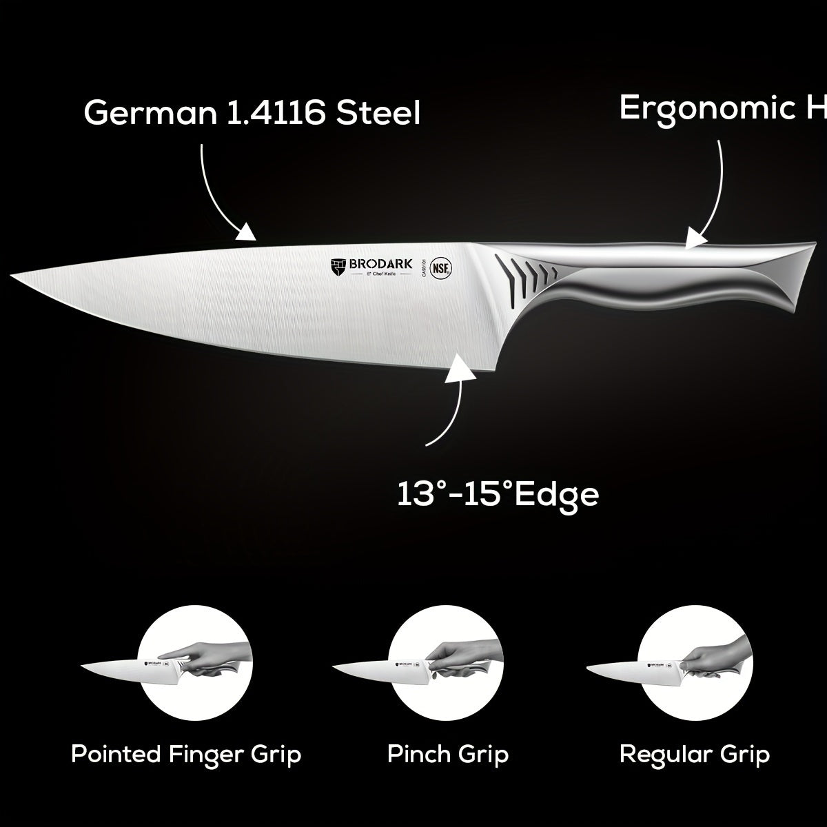15pcs Brodark Kitchen Knife Set With Block, Knife Block Set With Built-in Sharpener, Dishwasher Safe Knives Set For Kitchen, NSF Certified Stainless Steel Kitchen Knives, Shark Series