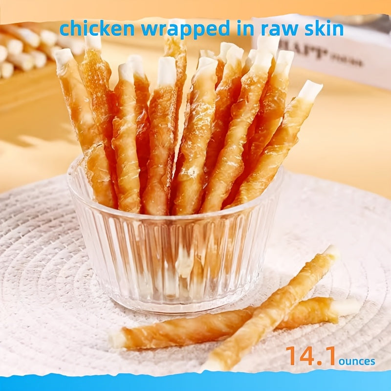 14.1 Ounces, Dog Treats, Tooth Cleaning And Grinding Rod, Rawhide Twist Chicken Hide Sticks, Suitable For Puppy And Medium, Large Dog, High Protein, Low Fat, Perfect Training Reward Snack For Dogs
