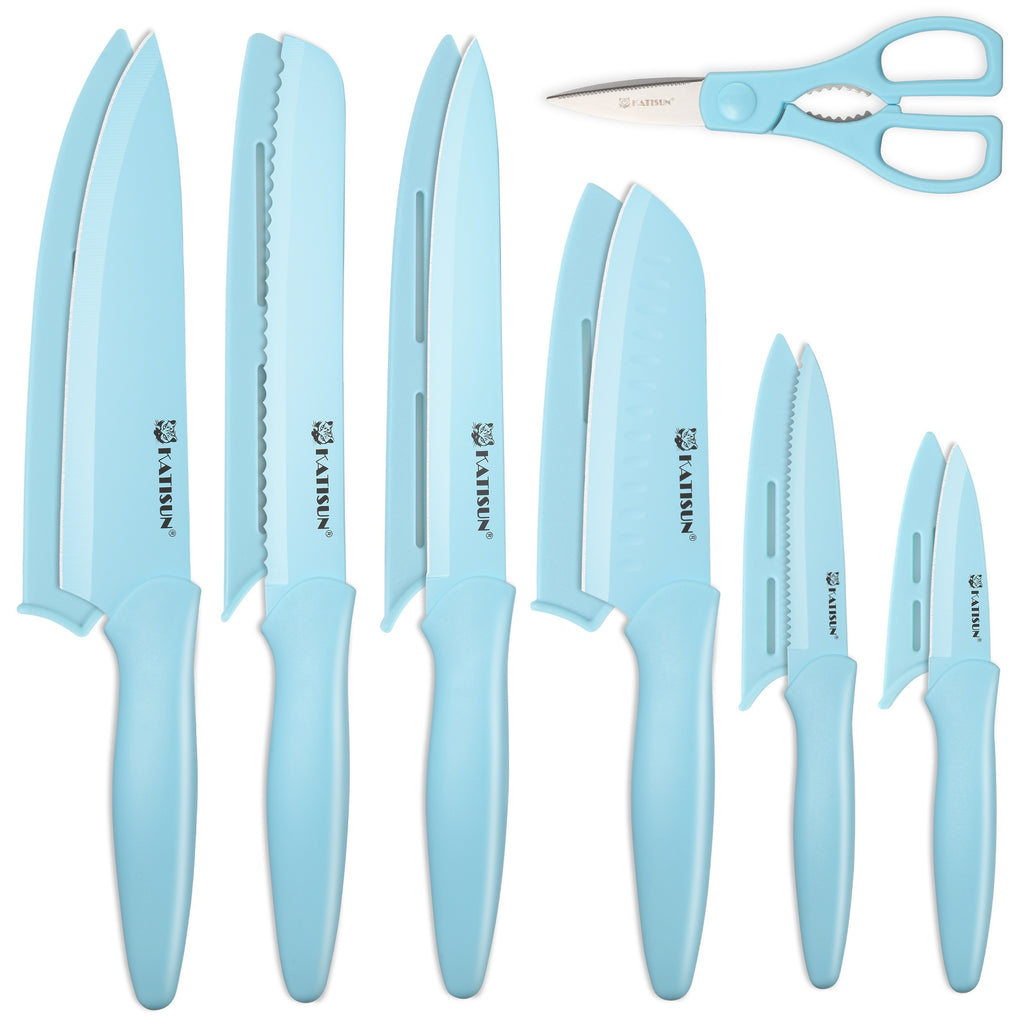 13 Piece Non-stick Coating Stainless Steel Boxed Knives Set, Anti-Rust and Dishwasher Safe, 6 Knives with 6 Blade Covers and one Kitchen Shear