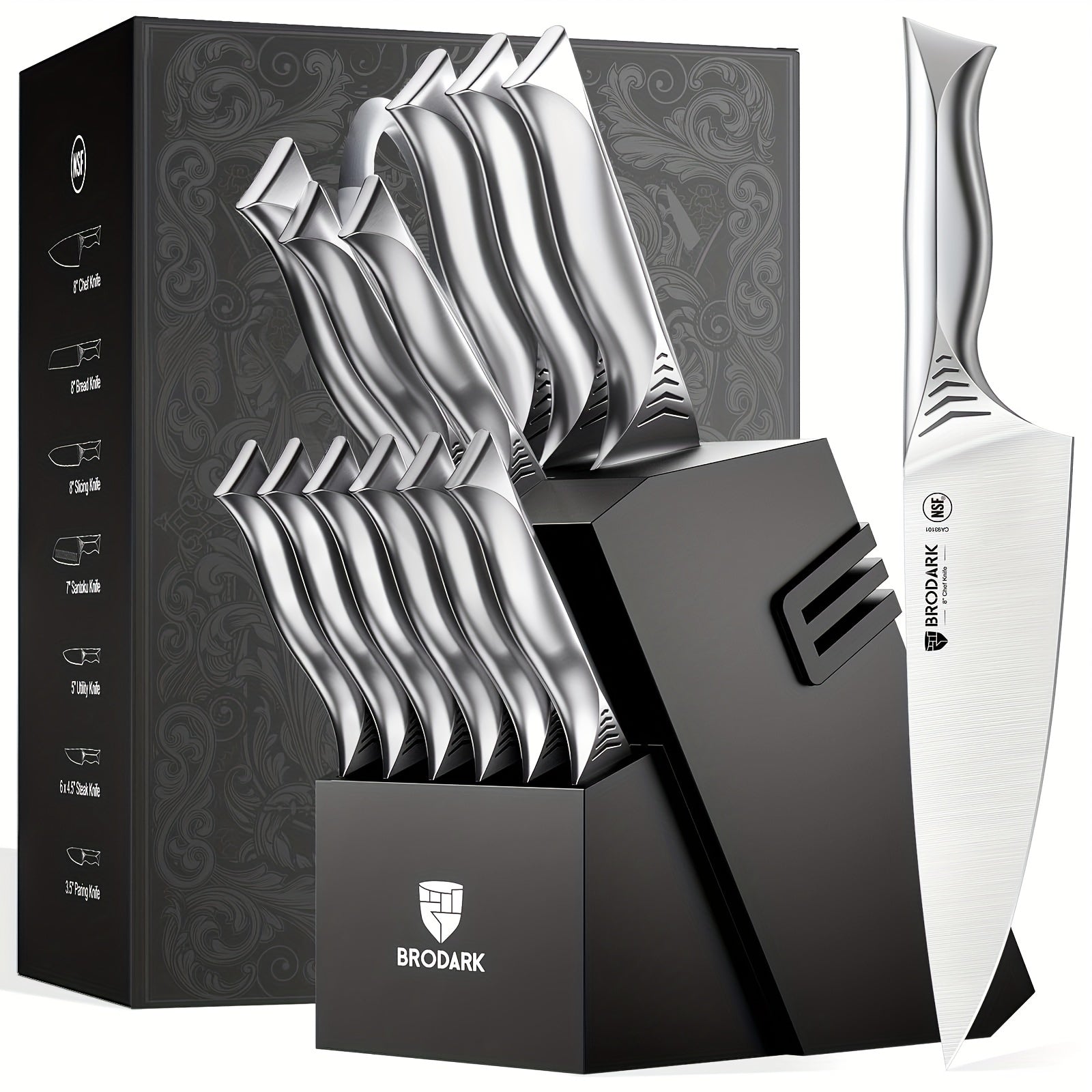 15pcs Brodark Kitchen Knife Set With Block, Knife Block Set With Built-in Sharpener, Dishwasher Safe Knives Set For Kitchen, NSF Certified Stainless Steel Kitchen Knives, Shark Series