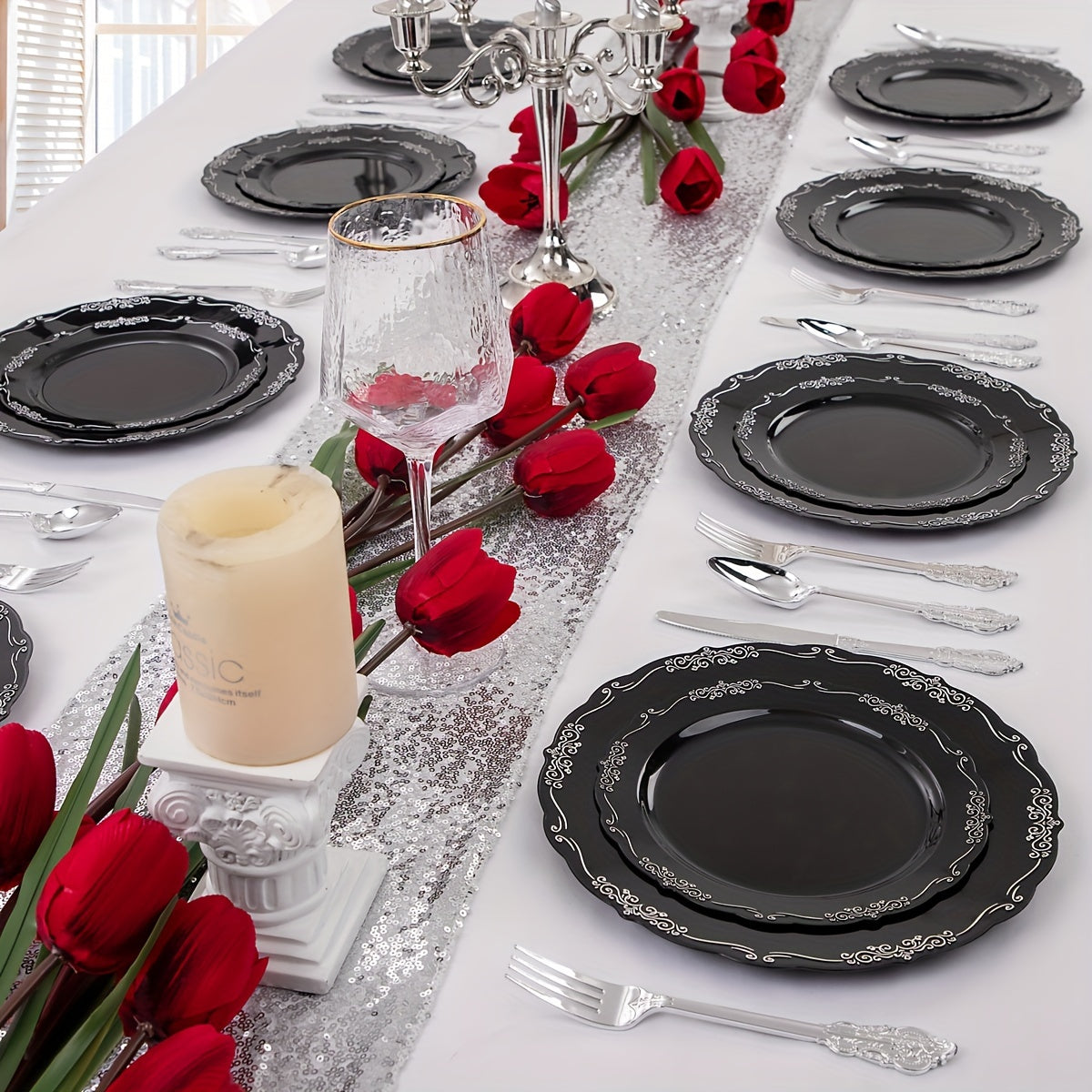 150 Pcs Black Silver Plastic Plates & Silver Plastic Silverware, Black Silver Disposable Plates for Party Include: 30 Dinner Plates 10.25 inch, 30 Dessert Plates 7.5 inch, 30 Knives, 30 Forks, 30 Spoons for Party