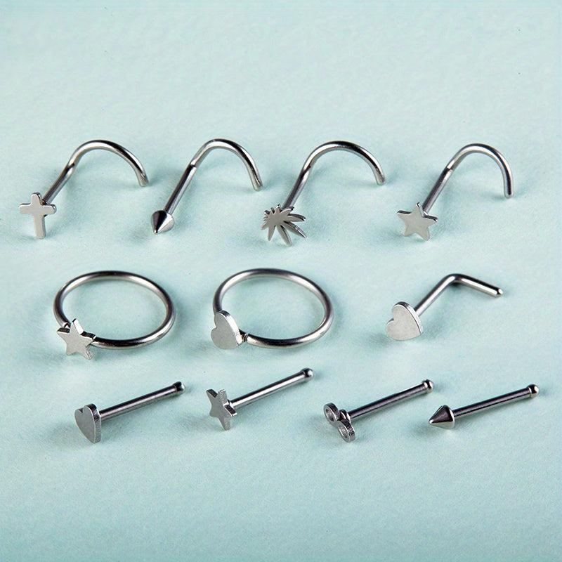 11PCS 316L Stainless Steel Nose Ring Set: Simple Style Nose Nail Body Piercing Jewelry with Star, Love Heart, and More Shapes