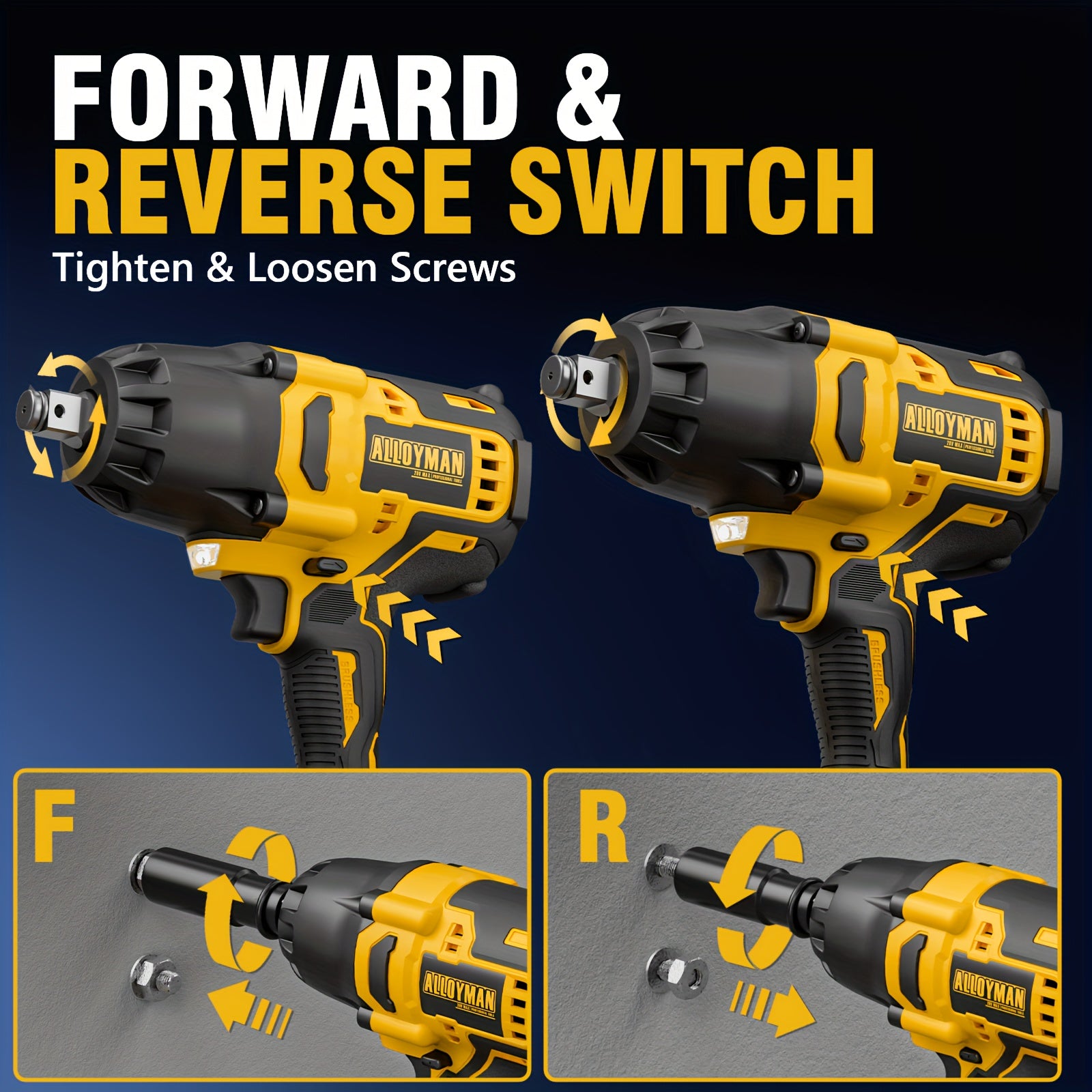 1pc Alloyman 20V Cordless Impact Wrench, 1/2" Drive, 555 Ft-lbs Max Torque, Brushless Motor, 2000 RPM, with 6 Sockets, 3 Extension Bars, 4.0 AH Li-ion Battery, Fast Charge, US Plug, Iron Material, Power Supply Operated