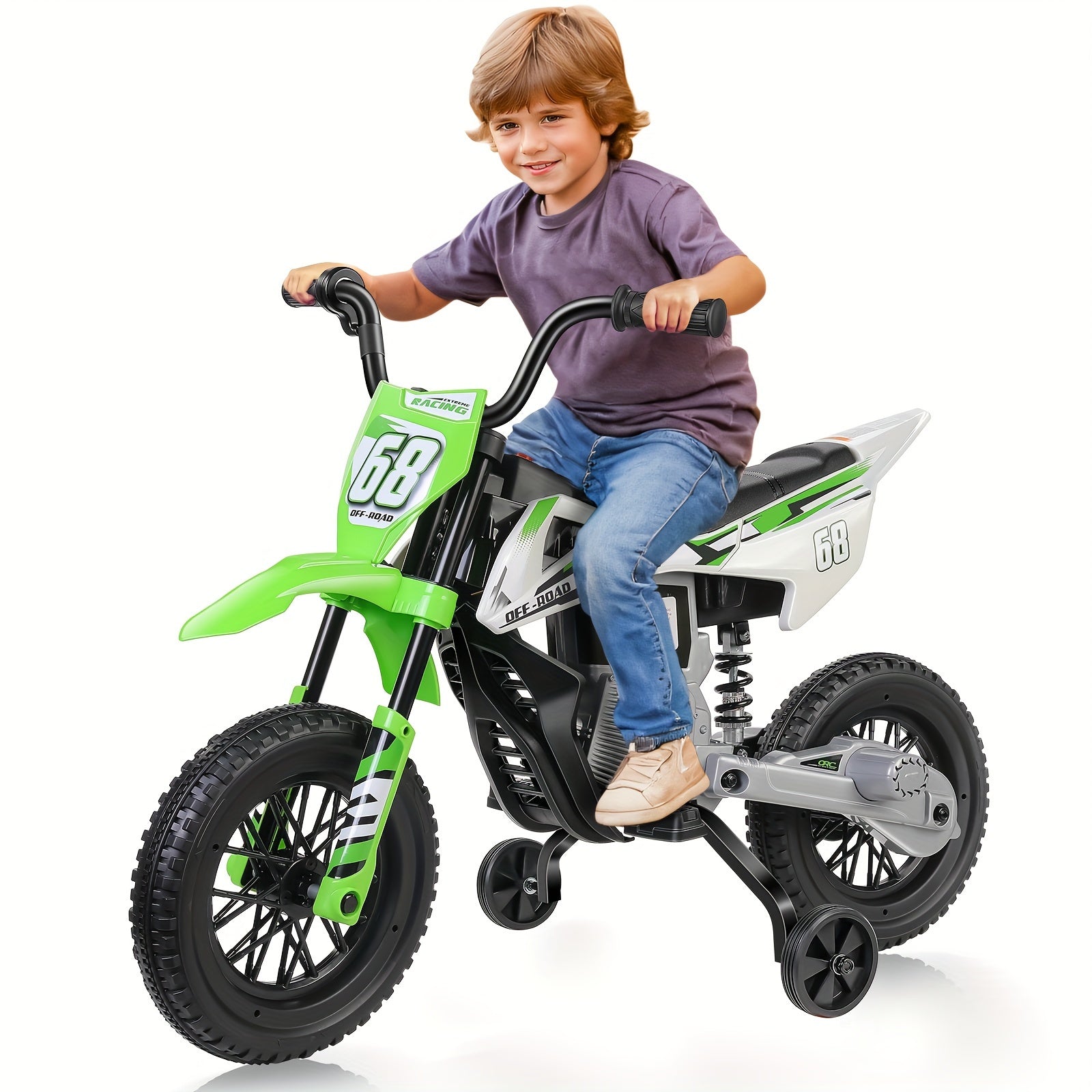 12V Electric Dirt Bike, Kids Electric Motorcycle With 30W*2 Motor, Training Wheels, Spring Suspension, Battery-Powered Ride On Toy Car For Toddler Boys And Girls Ride On Car