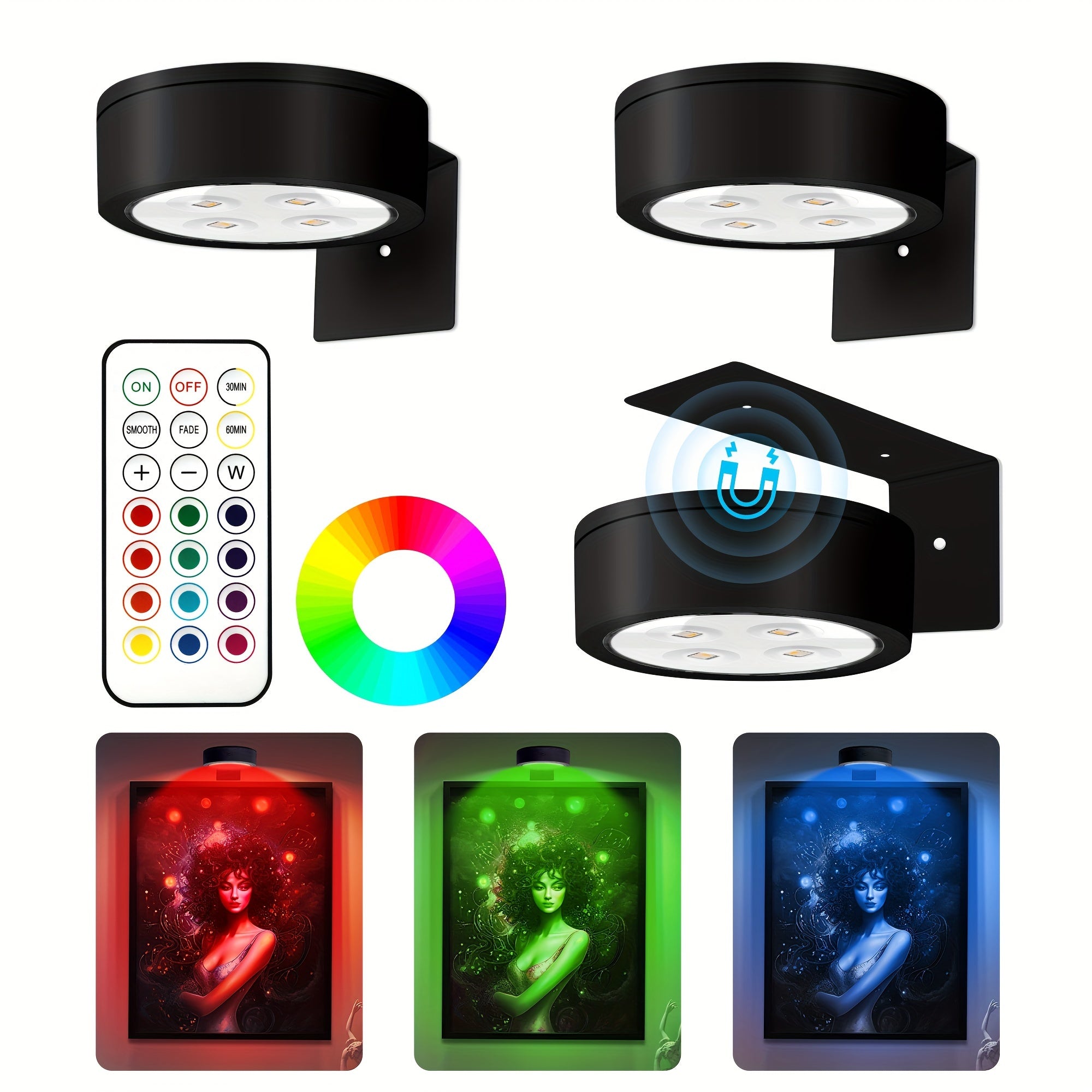 12/6/3pcs Picture Lights For Wall, 13 RGB Color Magnetic Led Art Display Light For Picture Frame, Wireless Battery Operated Painting Light With Remote Control, Party Home Wall Decor Puck Lights, Black-RGB