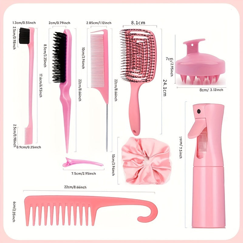 12-Piece Hair Styling Tool Set | Unisex Adult | Curl Enhancing, Normal Hair | Unscented - Includes Detangler Brush, Spray Bottle, Scalp Massager, Wide Tooth Comb, Bristle Brush & Accessories for Wet/Dry Hair