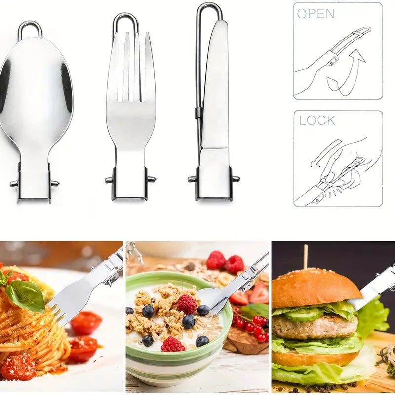 1pc Camping Cookware Kit With Stainless Steel Forks Knives Spoons For Outdoor Camping, Picnic, Travel, Cooking