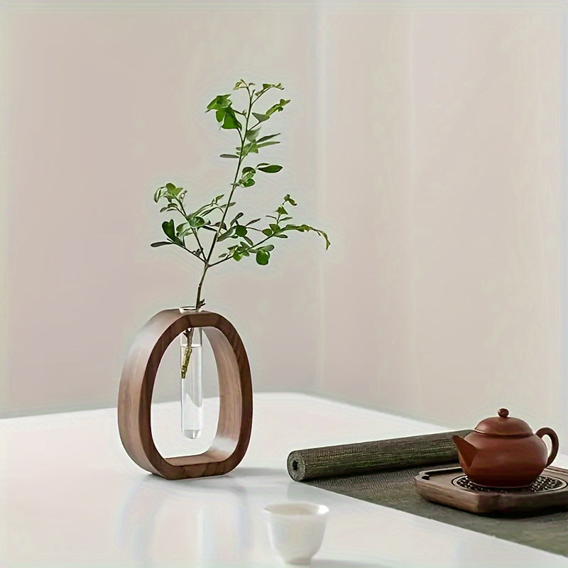 1pc Art Deco Style Wooden Round Vase with Glass Tube - Elegant Hydroponic Flower Vase for Home and Office Decor, No Electricity or Battery Needed, Ideal Christmas Gift, Vases for Flowers