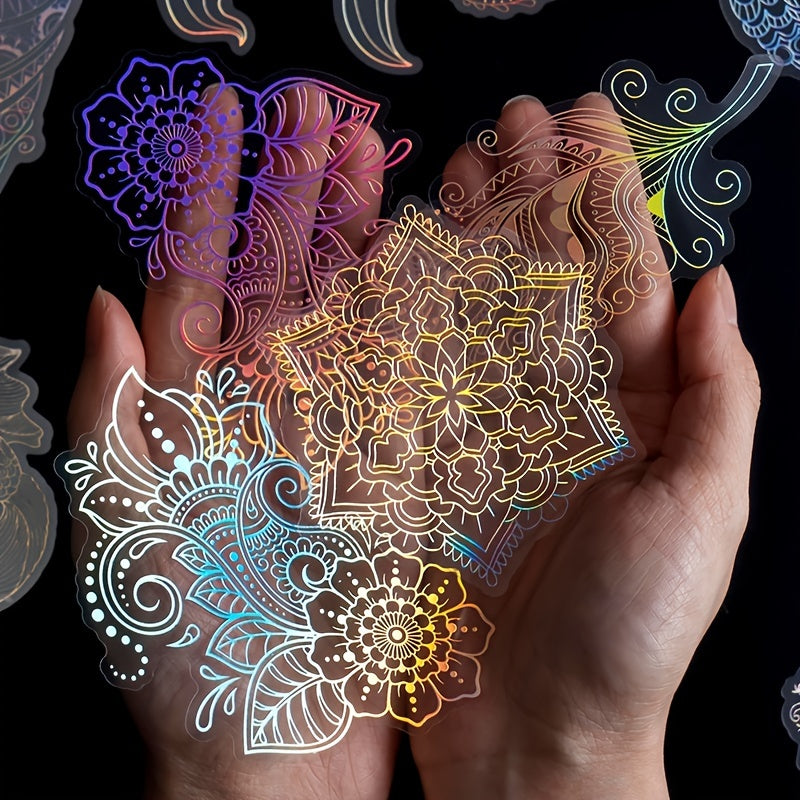 10pcs/pack Spiritual Wonderland Series Mandala Theme Three-dimensional Laser Silver PET Sticker Material Adhesive Sticker 165mm/6.50in*110mm/4.33in, DIY Materials
