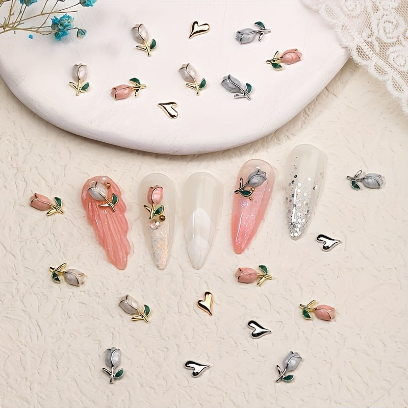 10Pcs 3D Tulip & Heart Nail Charms - Scent-Free, Diy Manicure Accessories For Hands, Feet & Nails