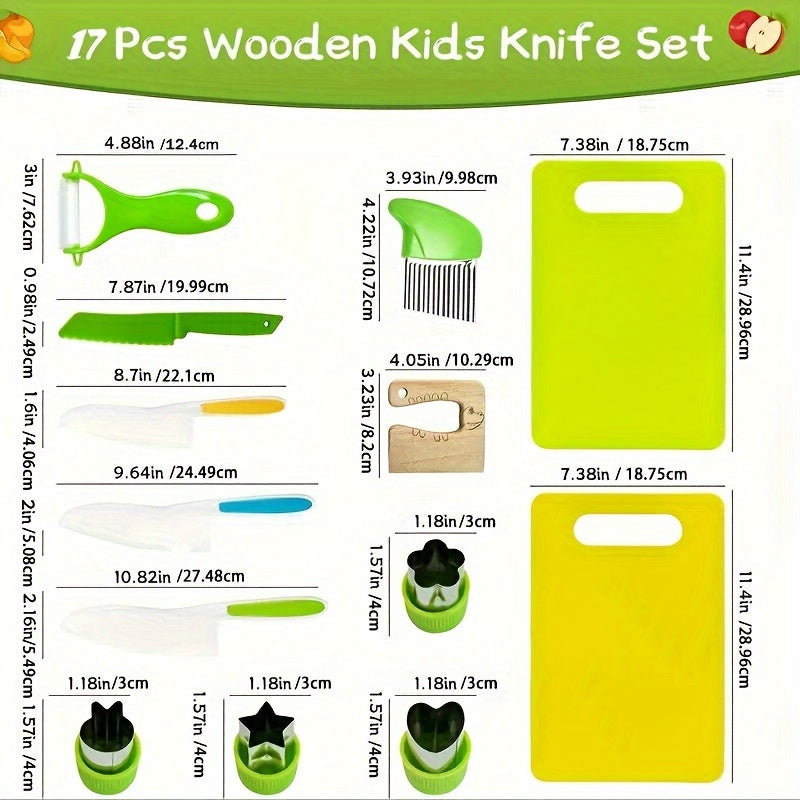 17PCS Montessori Kitchen Tools For Toddlers, Kids Cooking Sets Real, Safe Knife Set For Real Cooking With Plastic Toddler Safe Knives Crinkle Cutter Kids Cutting Board