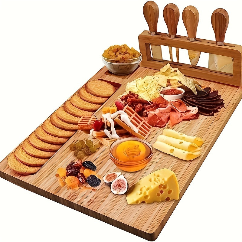 1 Set Bamboo Cheese Board Set, Cheese Tray, Charcuterie Board and Serving Meat Platter with 4 Stainless Steel Cheese Knives, Ideal for Wedding Gifts Christmas Birthday Party