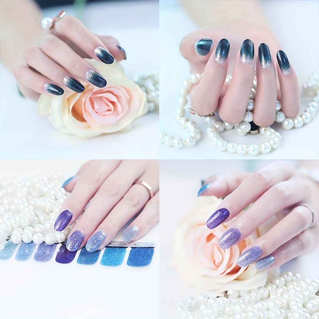 14 Sheets Gradient Glitter Nail Stickers Set Gradient Color Shine Full Wraps Polish Stickers Decal Strips Self-Ashesive Nail Art Sets For Women Girls