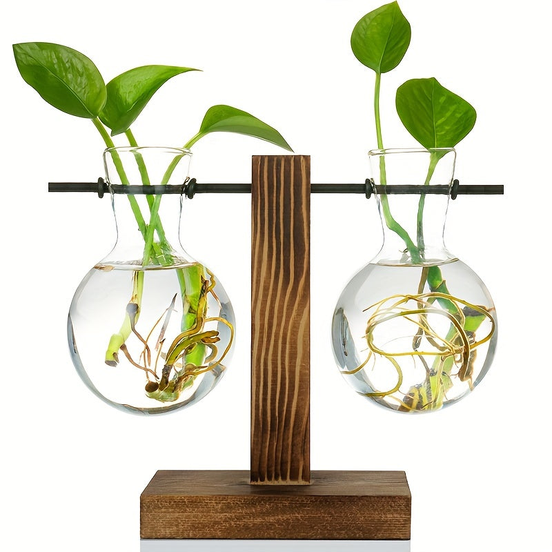 1/2/4pcs Hydroponic Glass Vase, Vintage Desktop Plant Terrarium Planter Bulb Vase, Water Planting Propagation Vase Planters Hydroponics Plants With Retro Wooden Stand Home Garden