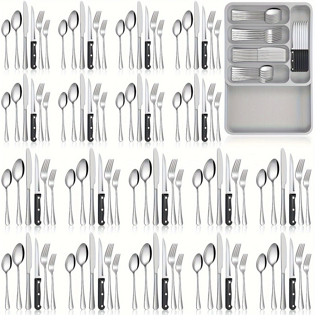 108 Pcs Silverware Set With Organizer Stainless Steel Flatware Sets For 18 Steak Knives Fork Knife Spoon Utensil Sets With 5 Compartment Drawer Cutlery Organizer For Kitchen Restaurant