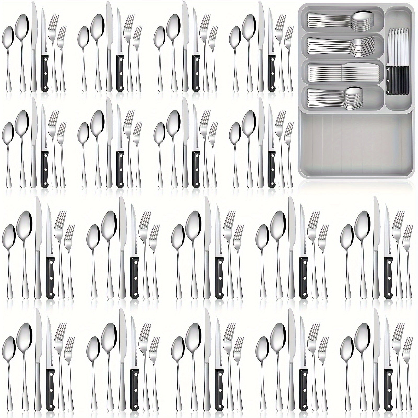 108 Pcs Silverware Set With Organizer Stainless Steel Flatware Sets For 18 Steak Knives Fork Knife Spoon Utensil Sets With 5 Compartment Drawer Cutlery Organizer For Kitchen Restaurant