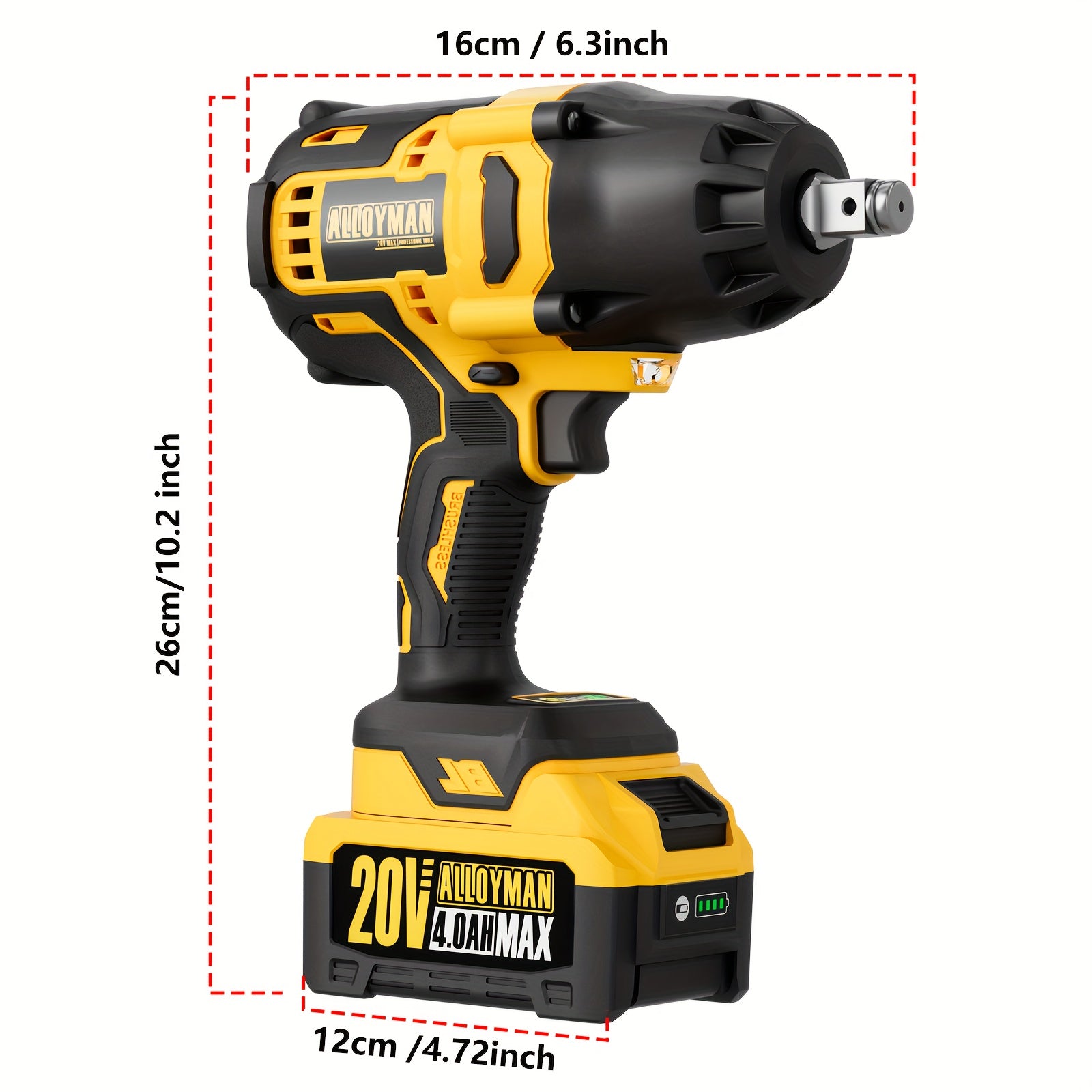 1pc Alloyman 20V Cordless Impact Wrench, 1/2" Drive, 555 Ft-lbs Max Torque, Brushless Motor, 2000 RPM, with 6 Sockets, 3 Extension Bars, 4.0 AH Li-ion Battery, Fast Charge, US Plug, Iron Material, Power Supply Operated