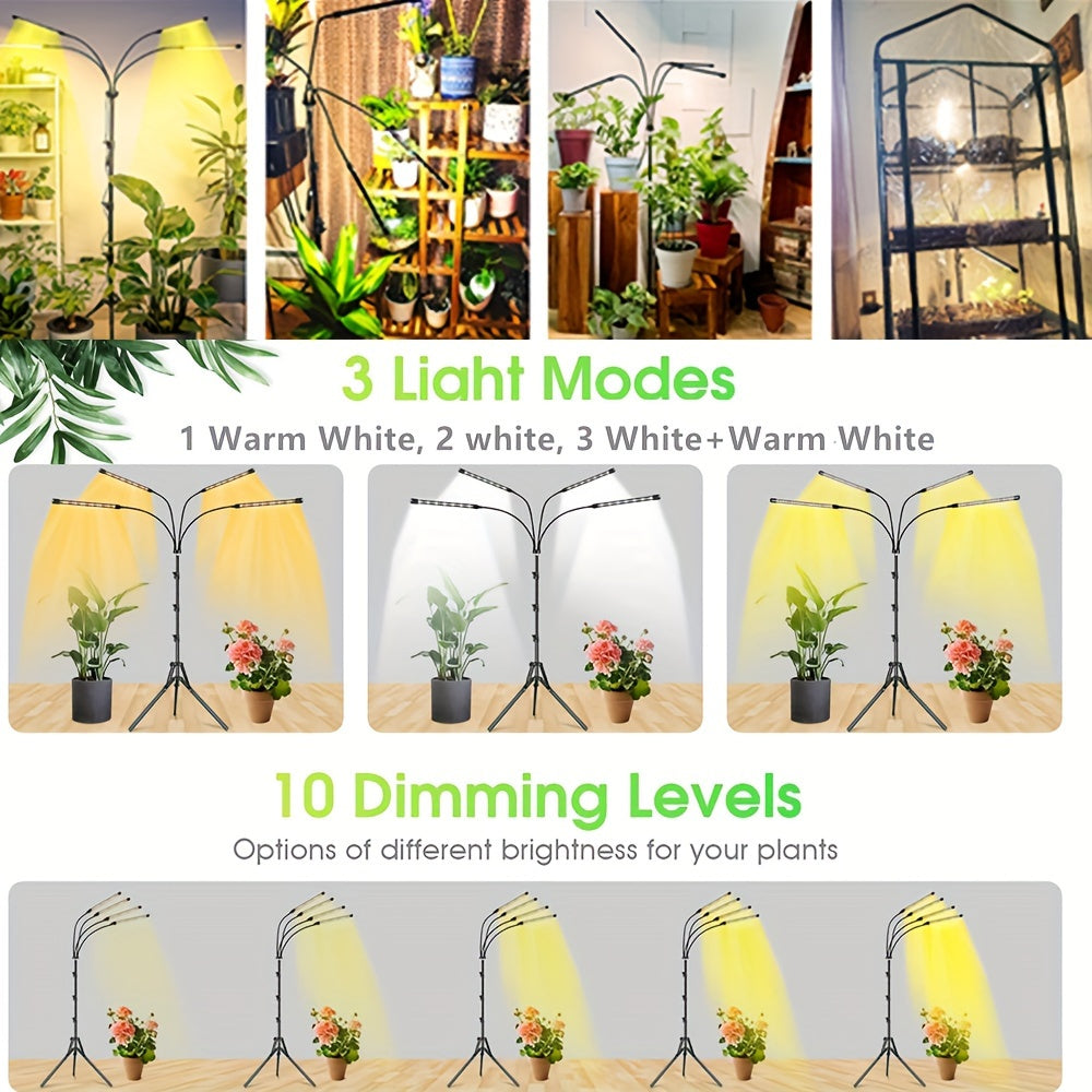 10 Dimmable Brightness Grow Light with Stand, Adjustable Gooseneck, 3 Switch Modes, 3/9/12H Timer, White and Warm White Spectrum for Indoor Plants