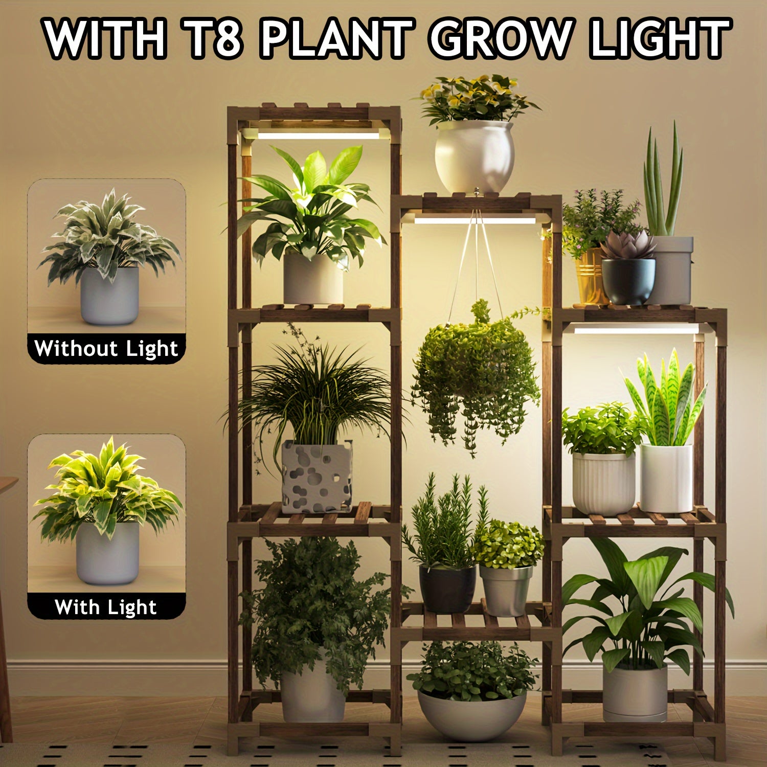 10-Tier Plant Stand with Grow Light, Indoor/Outdoor Wood Shelf for Corner, Patio, Garden, Living Room, Multiple Plant Display