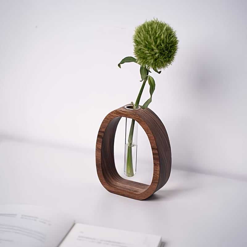 1pc Art Deco Style Wooden Round Vase with Glass Tube - Elegant Hydroponic Flower Vase for Home and Office Decor, No Electricity or Battery Needed, Ideal Christmas Gift, Vases for Flowers