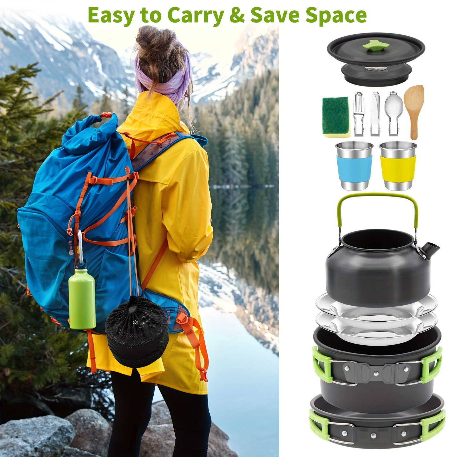16pcs Camping Cookware, Backpacking Compact Camping Cooking Set Camping Pot with Cups Plates Forks Knives Spoons, Camping Pots and Pans Set for Backpacking, Outdoor Cooking