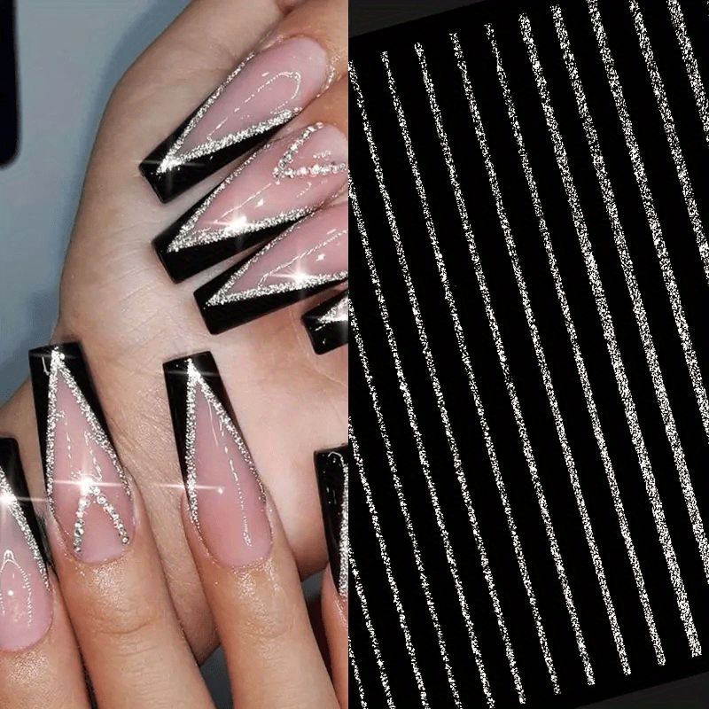 1pc 3D Nail Sticker with Stripes and Lines Charm Reminder Transfer Nail Art Decoration Silvery Reflective Glitter Sticker