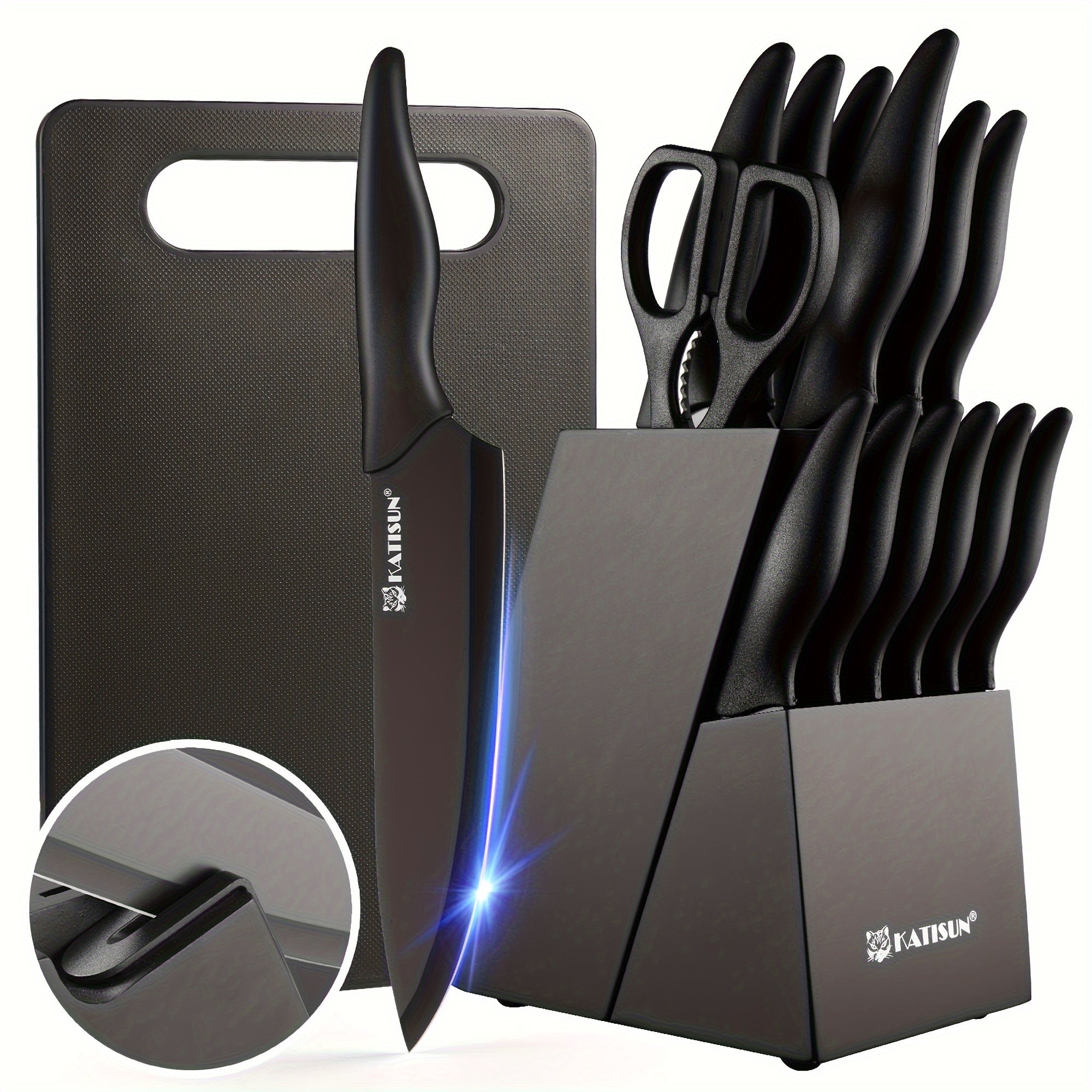 15pcs Professional Black Coding Kitchen Knife Set With Black Wooden Block, Non-slip ABS Handle For Chef Knives, Plastic Cutting Board, And Kitchen Shears For Family And Restaurant