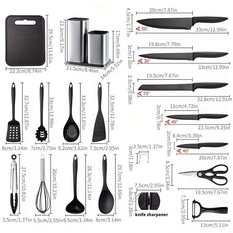 19-Piece Premium Knife Combination Set - High-Quality Silicone Cooking Utensils, Stainless Steel Storage Bucket, Durable Black Titanium Knives, Paring Knife, Dishwasher Safe, Easy Storage, Space-Saving Design