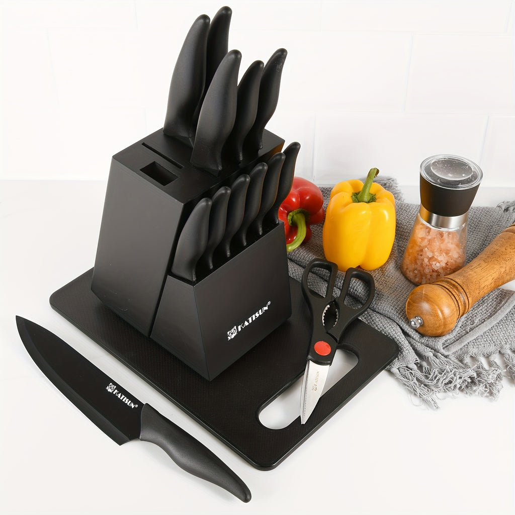 15pcs Professional Black Coding Kitchen Knife Set With Black Wooden Block, Non-slip ABS Handle For Chef Knives, Plastic Cutting Board, And Kitchen Shears For Family And Restaurant
