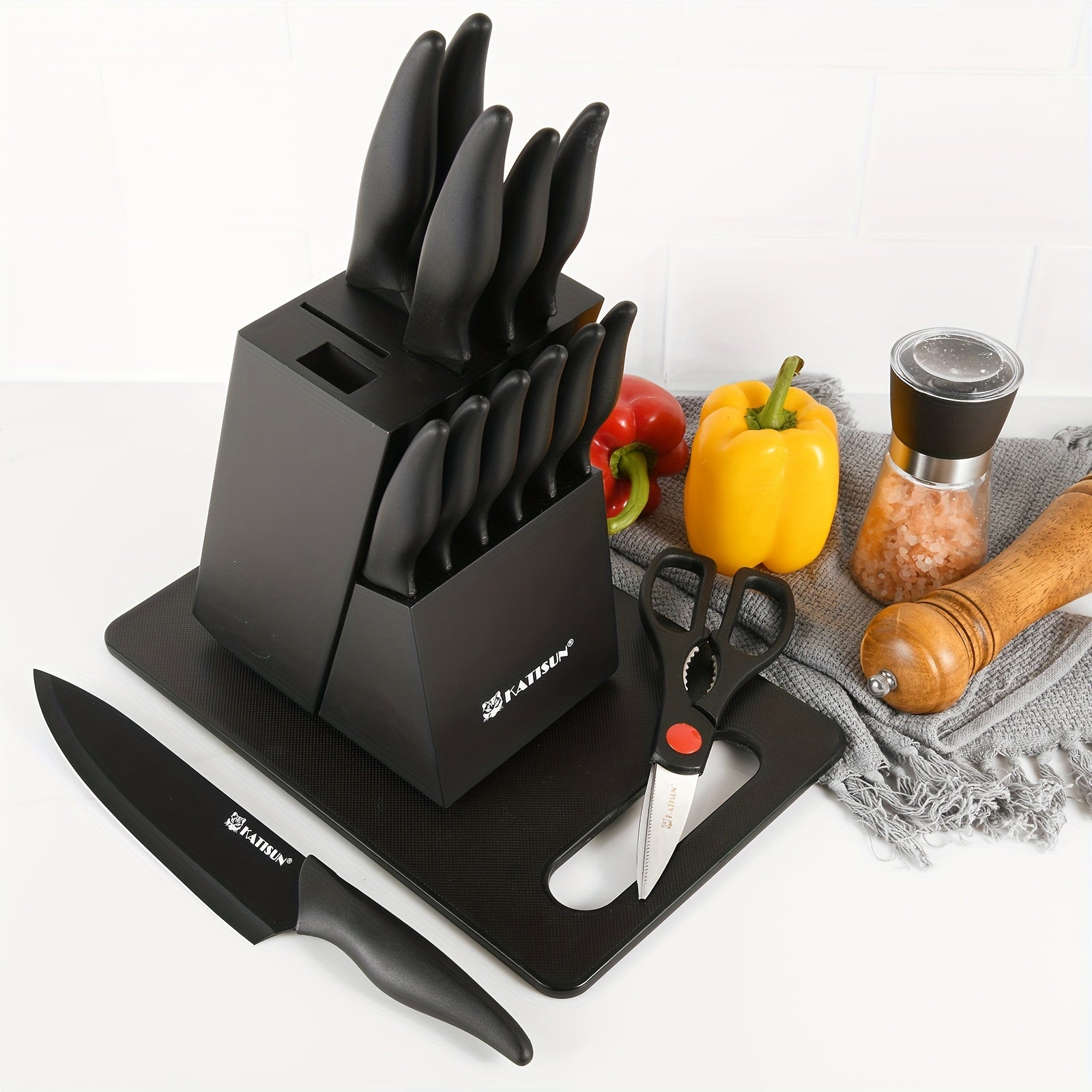 15pcs Professional Black Coding Kitchen Knife Set With Black Wooden Block, Non-slip ABS Handle For Chef Knives, Plastic Cutting Board, And Kitchen Shears For Family And Restaurant