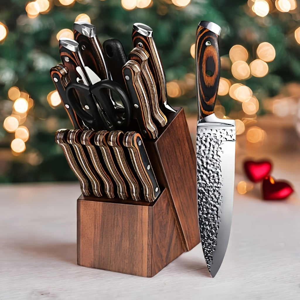 15pcs Professional Kitchen Knife Set, Kitchen Accessories, Super Sharp Knife Set With Wooden Block, Chef Knife Set With Sharpener, High Carbon Stainless Steel Hammered Knife Block Set With Steak Knives, Selection For Easter G
