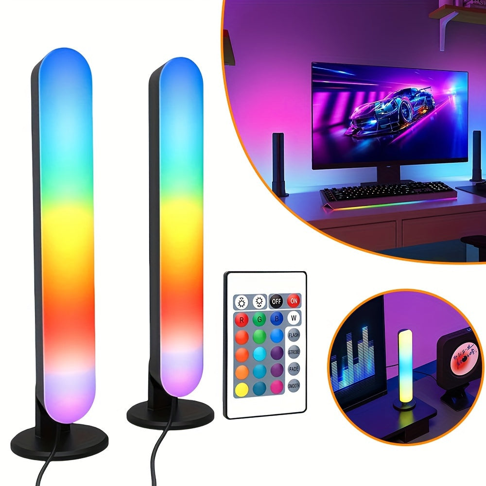 1/2-Pack LED Table Lamps with Remote Control, USB Powered RGB Night Light Bars, Geometric Patterned Plastic Shade, Traditional Style with Polished Metal Finish, Color Changing, Non-rechargeable Button Battery, Infrared Sensor